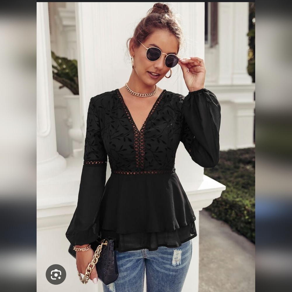 Black Peplum Mesh Top